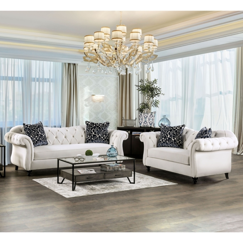 Glam White Tuxedo Sofa Set with Button Tufting and Gold Metal Legs