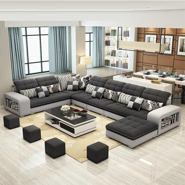 Glamorous White Living Room Design: Channel Tufted Curved Sectional Sofa