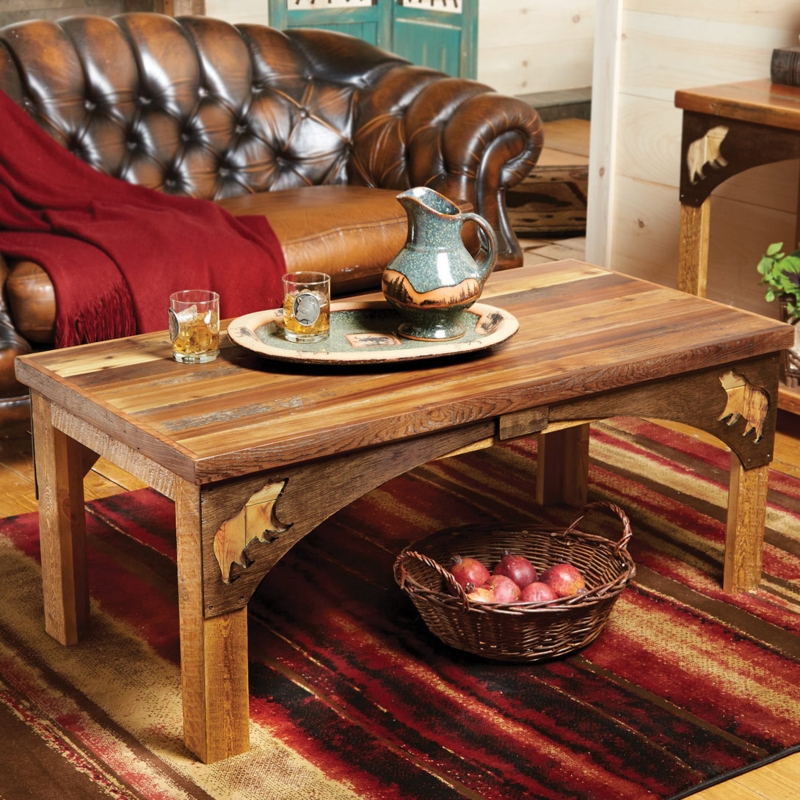Glass Top Coffee Table with Carved Bear Sculpture and Barnwood Frame