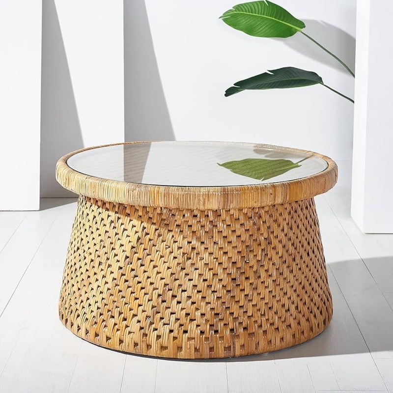 Glass Top Rattan Coffee Table Round Woven Base Nautical