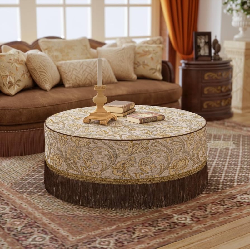 Gold Round Ottoman, Pleated Sides & Fringe Trim