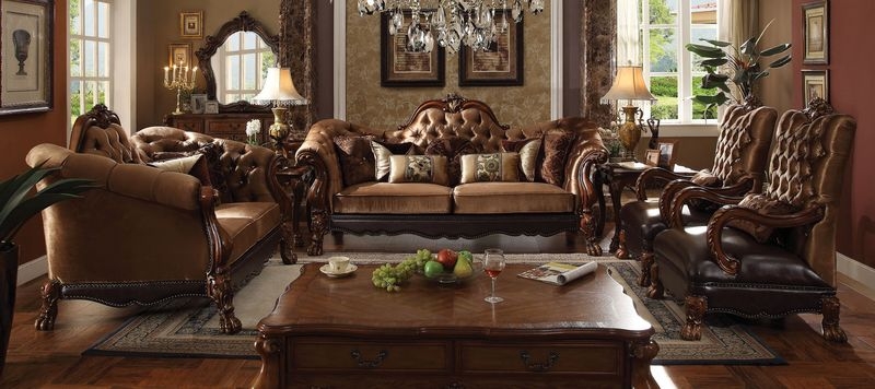 Grand Baroque Living Room Set: Brown Velvet Tufting and Gold Finish (74 chars)