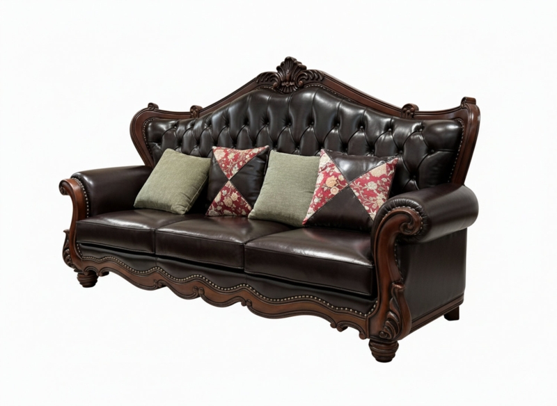 Grand Sofa with 94 Inch Width and Dark Leather-Like Finish (65 chars)
