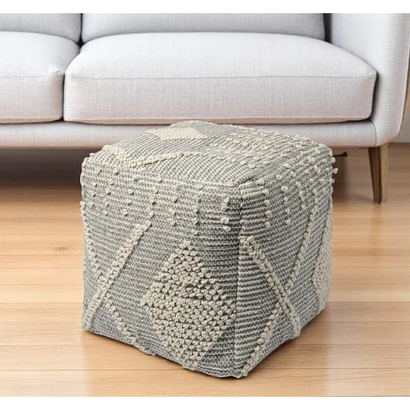 Gray and Cream Woven Geometric Diamond Pattern Pouf