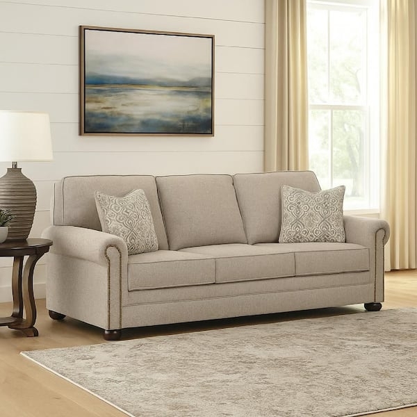 Gray Beige Sofa with Nailhead Trim and Traditional Rolled Arms