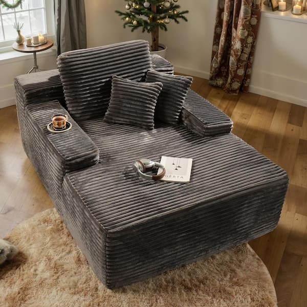 Gray Chaise Lounge Corduroy Ribbing Low Profile Square Arms