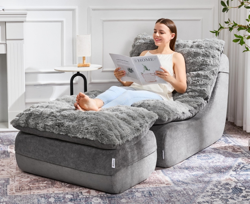 Gray Foam Sofa, Legless Silhouette, Integrated Recliner