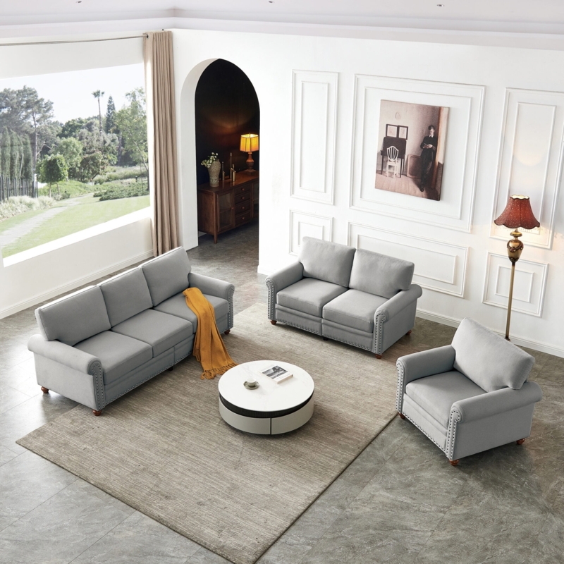Gray Linen Sectional Sofa Button Tufted Tapered Legs Scandi Style