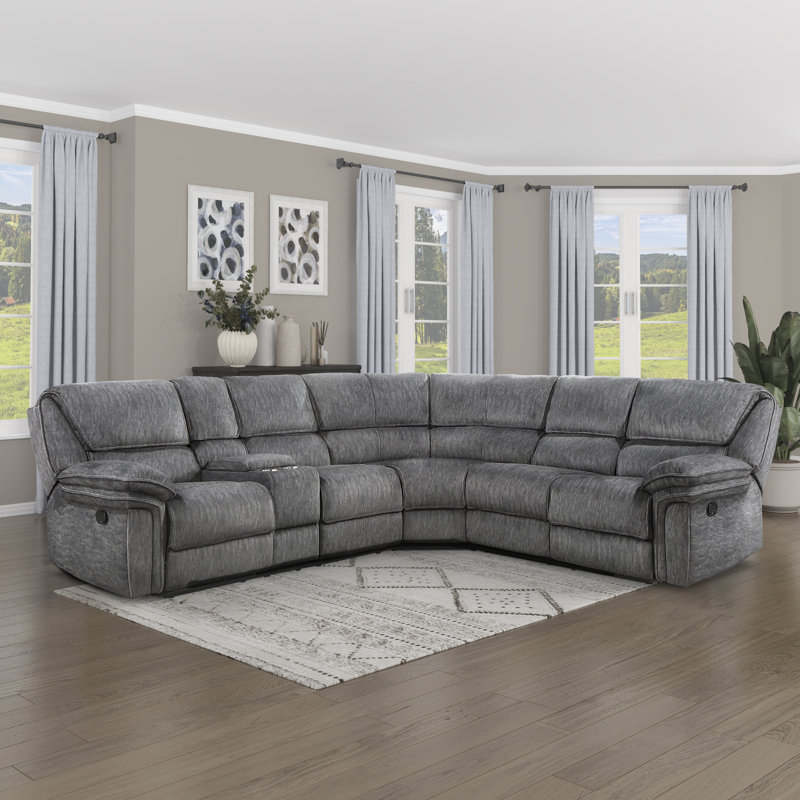 Gray Reclining Sectional Sofa with Storage Console & Cup Holders