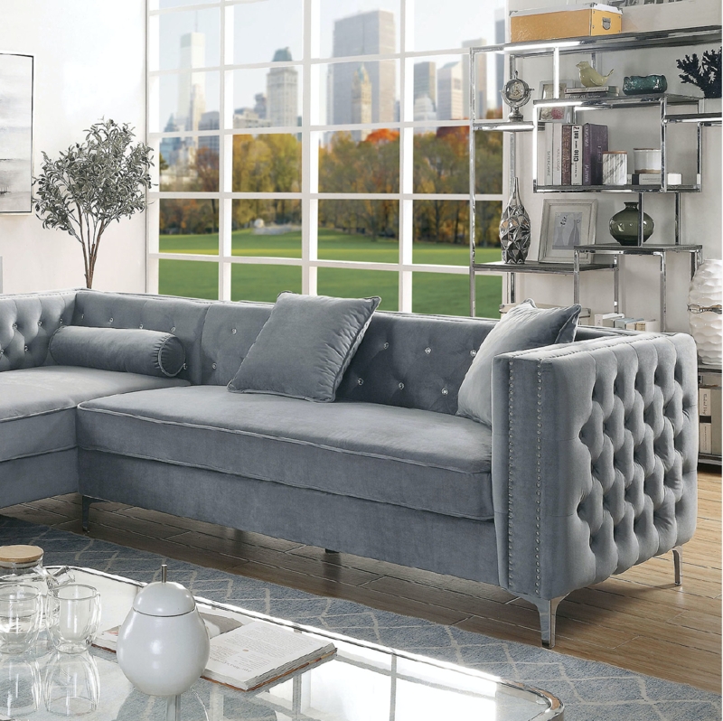 Gray Sectional Sofa Diamond Tufting Silver Nailhead Trim Glam Living Room