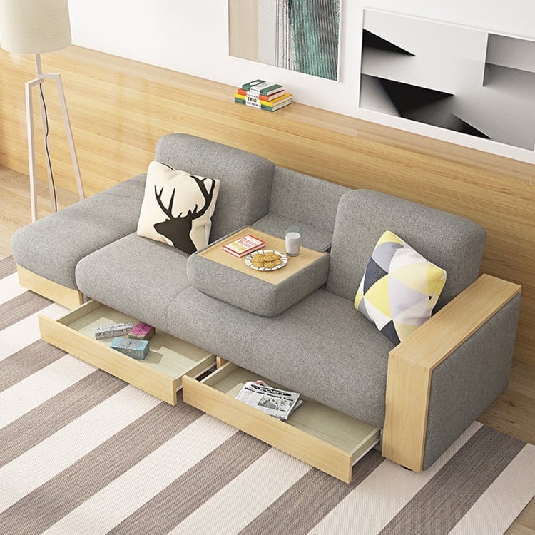 Gray Sleeper Sofa with Pull-Out Drawers and Drop-Down Table