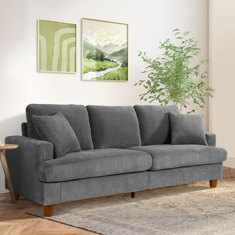 Gray Sofa Corduroy Deep Seating Square Arms Ribbed Texture