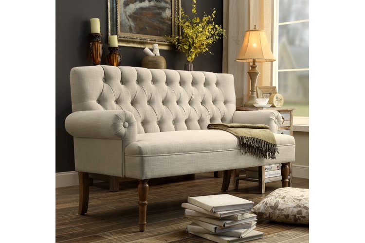 Gray Tufted Loveseat with Bolster Pillows and Tapered Wood Legs