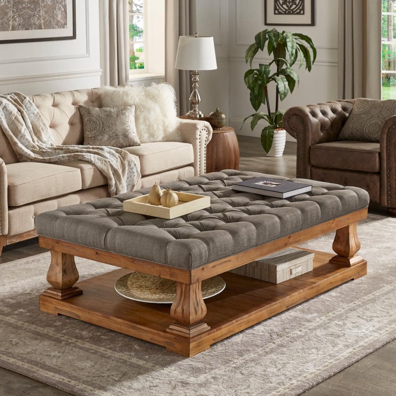 Gray Upholstered Coffee Table with Slatted Wood Shelf