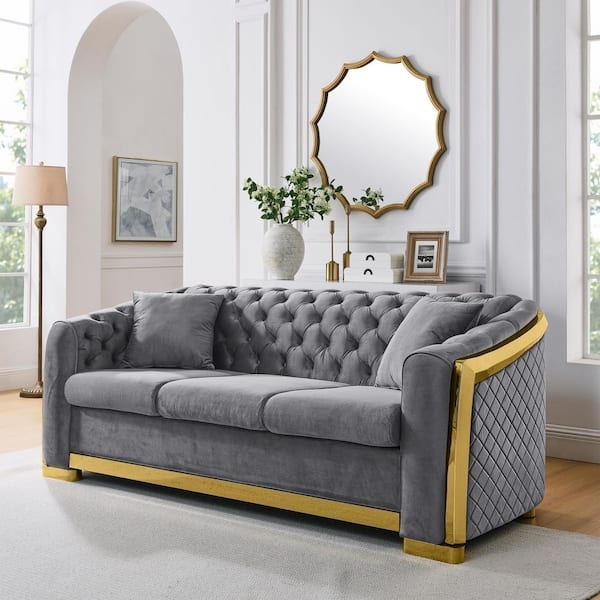 Gray Velvet Chesterfield Sofa Gold Legs Modern Glam Tufted Seating