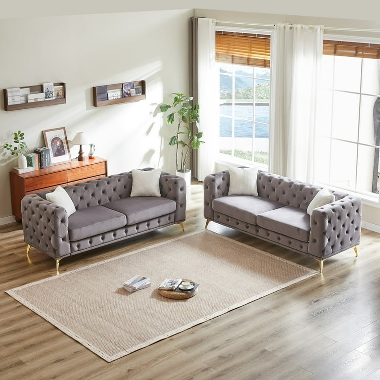 Gray Velvet Living Room Set Gold Feet Diamond Tufting