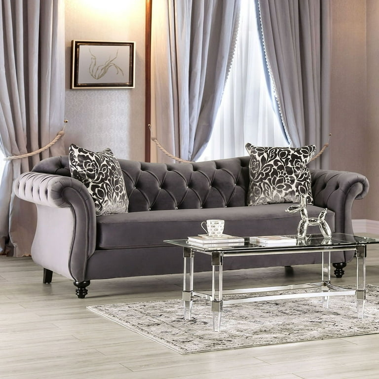Gray Velvet Living Room Set Tufted Sofa Loveseat Traditional Glam