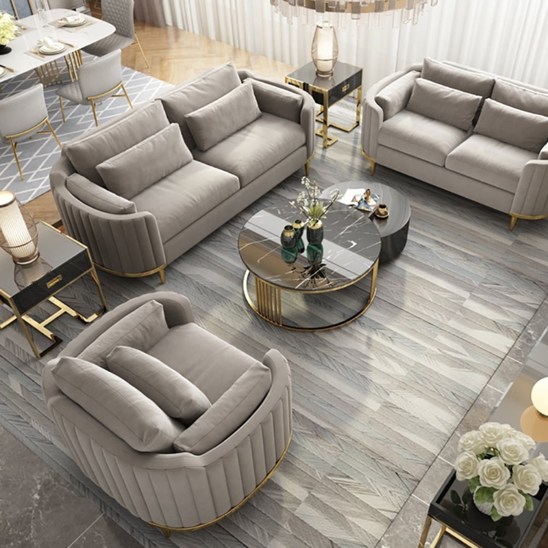 Gray Velvet Living Room Set Vertical Channel Tufting Gold Legs Glam