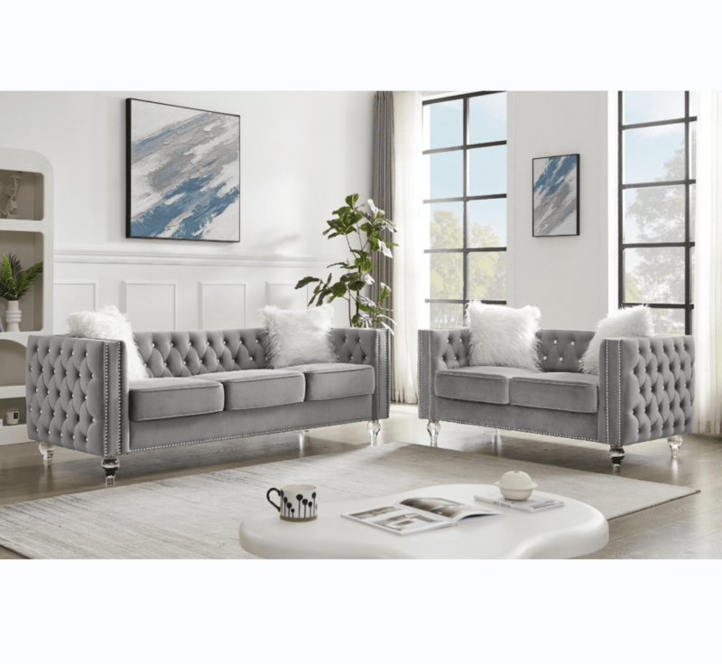 Gray Velvet Sofa Set Crystal Tufting Clear Acrylic Feet Tuxedo Style