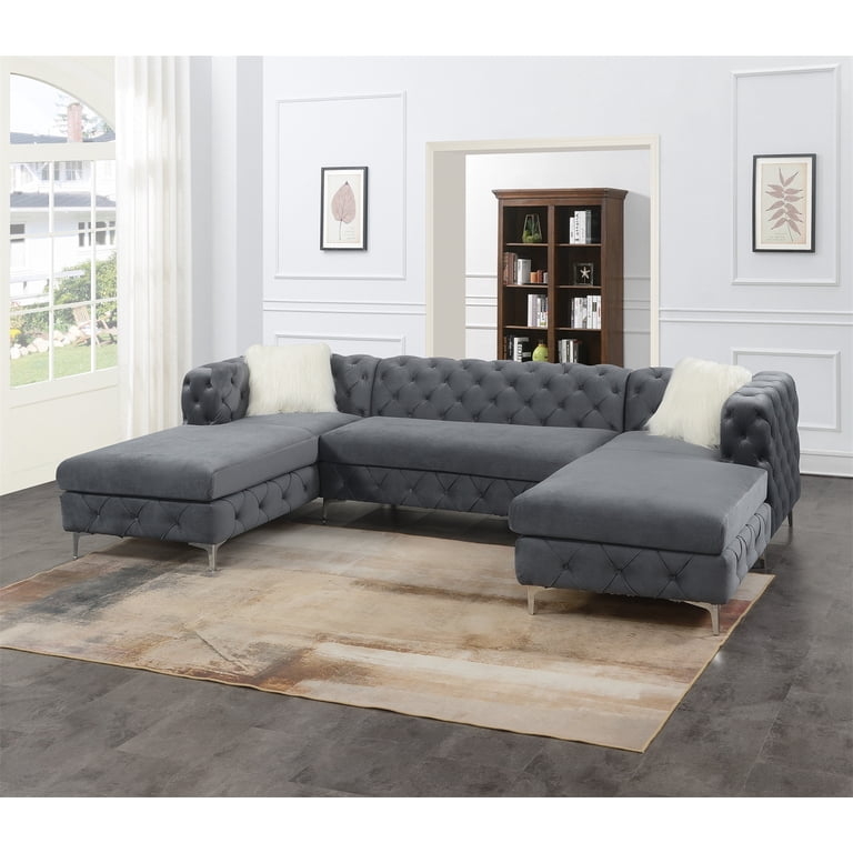 Gray Velvet U-Shaped Sectional Sofa Button Tufted Back Contemporary