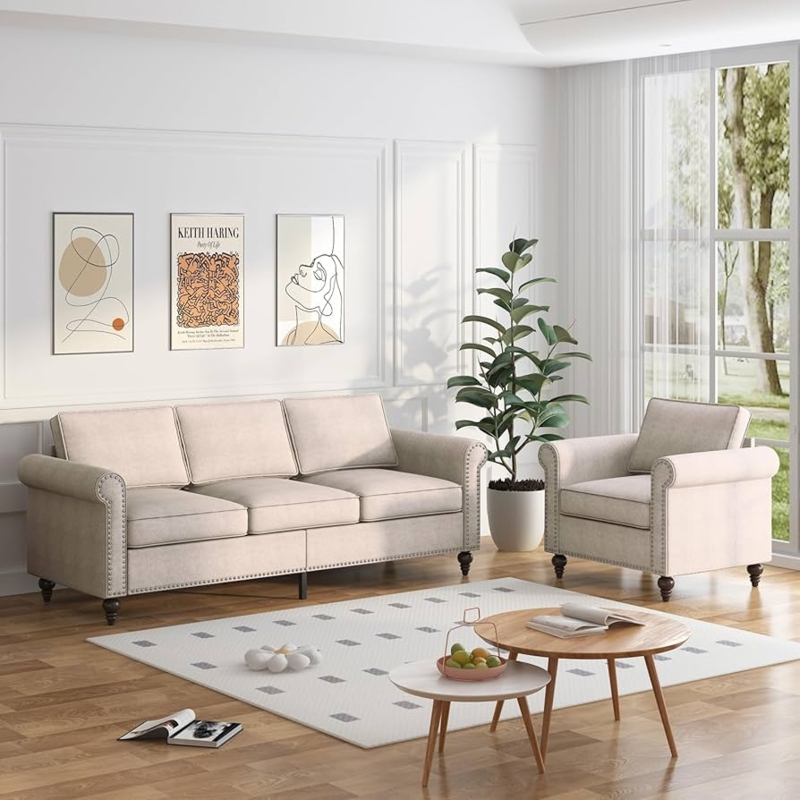 Green Sofa and Chair Set with Tapered Wood Legs.