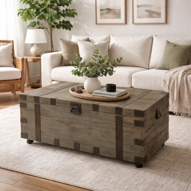 Green Trunk Coffee Table Distressed Finish Planked Wood Top Rustic