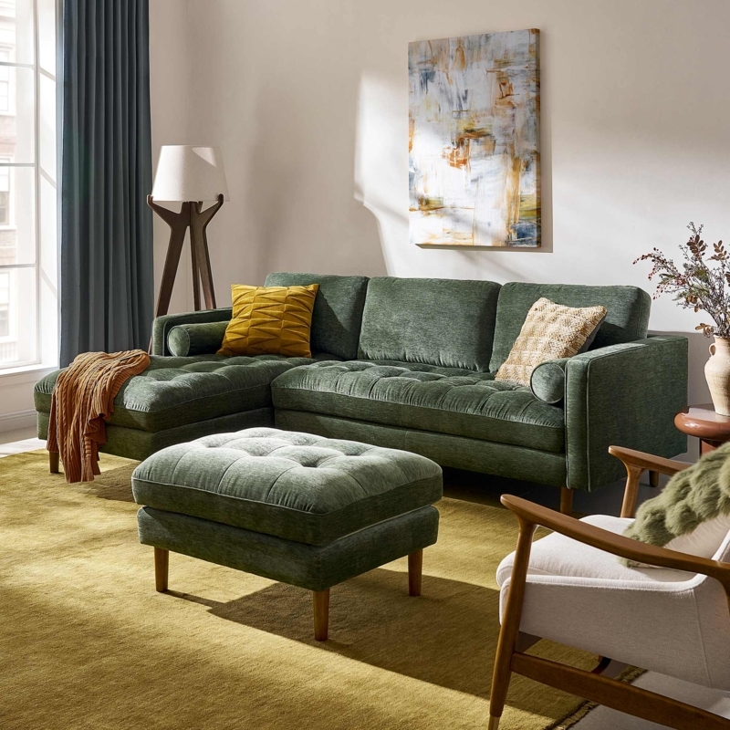 Green Velvet Sectional Sofa with Matching Ottoman Bolsters Mid-Century