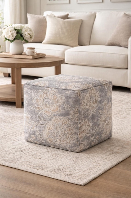 Grey and Beige Floral Pouf Ottoman with Cylindrical Shape and Piping