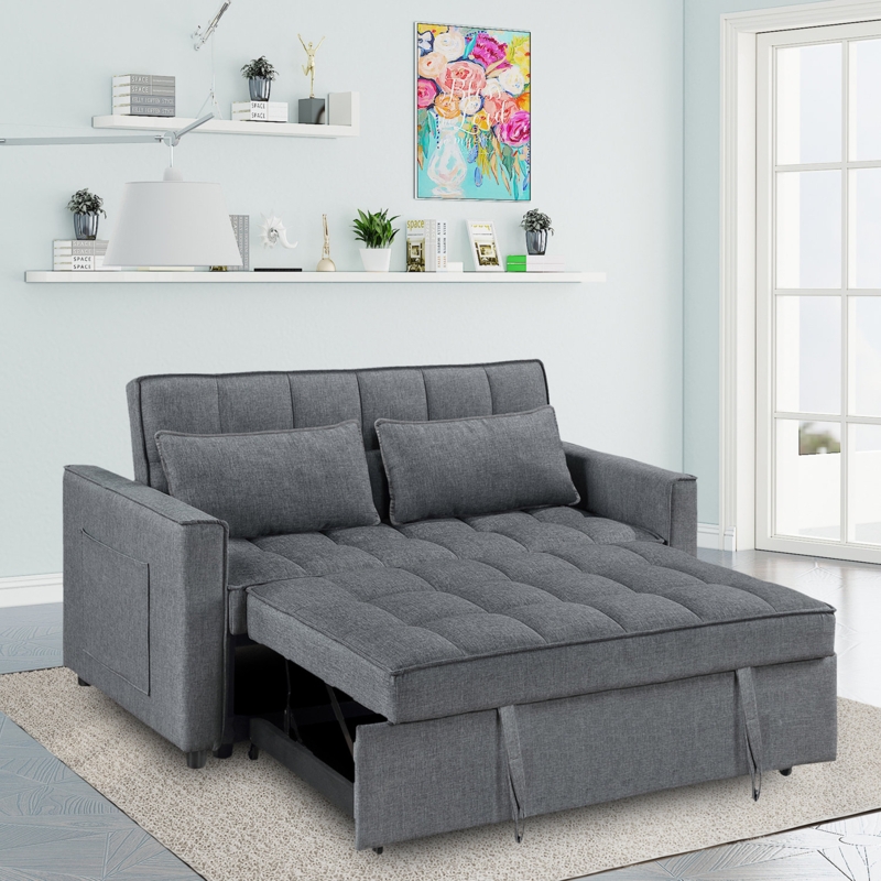 Grey Biscuit Tufted Sleeper Sofa with Tapered Wood Legs