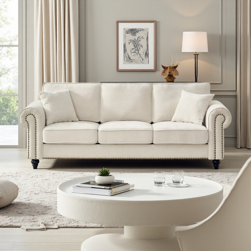 Grey Chenille Sofa, Rolled Arms, Nailhead Trim, Tapered Wood Legs