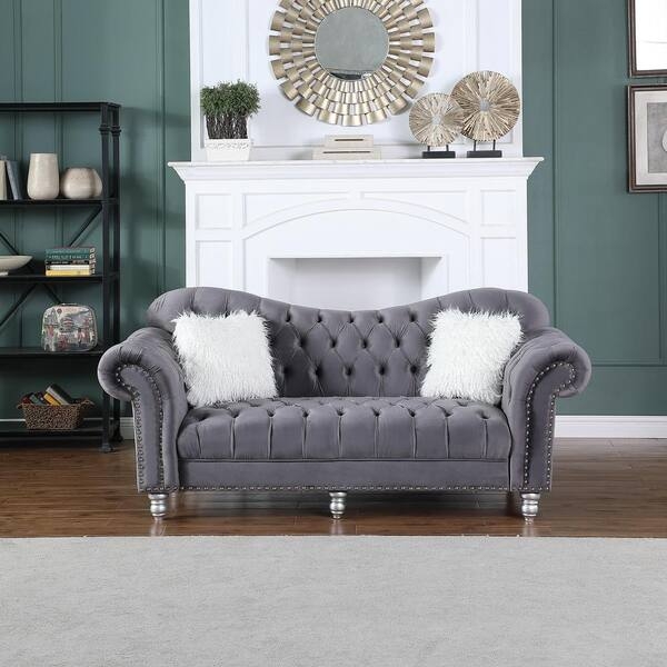 Grey Chesterfield Sofa Silver Nailhead Trim Button Tufted Traditional