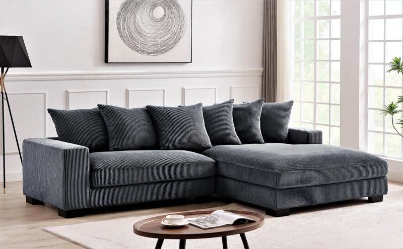 Grey Corduroy Sectional Sofa with Oversized Chaise