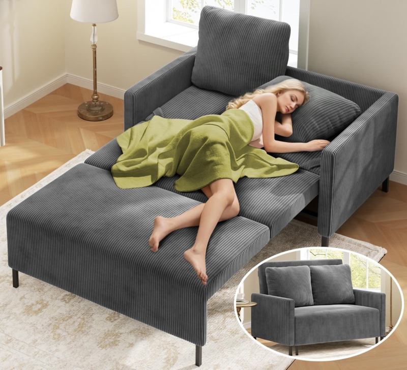 Grey Corduroy Sleeper Sofa with Ribbed Texture and Track Arms