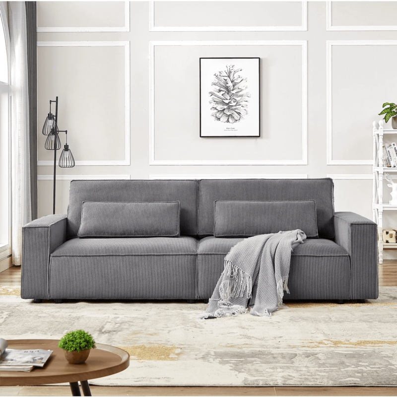 Grey Corduroy Sofa featuring Extra Wide Block Armrests