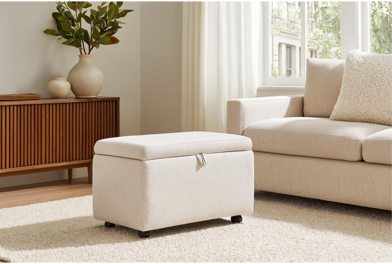 Grey Fabric Round Storage Ottoman with Caster Wheels and Lid