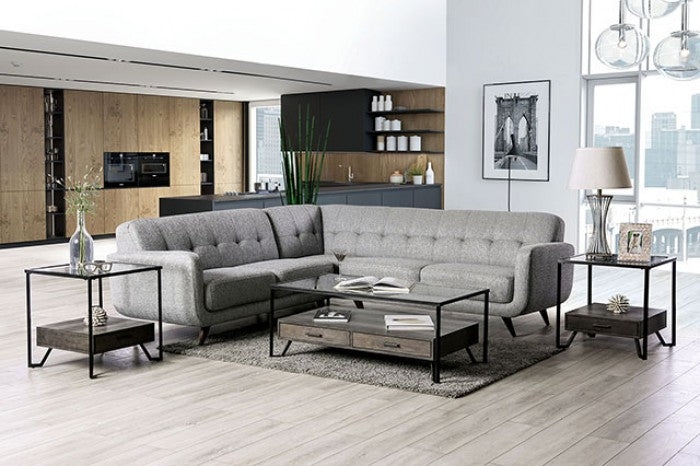 Grey L-Shaped Sectional Sofa with Tufted Back and Tapered Legs