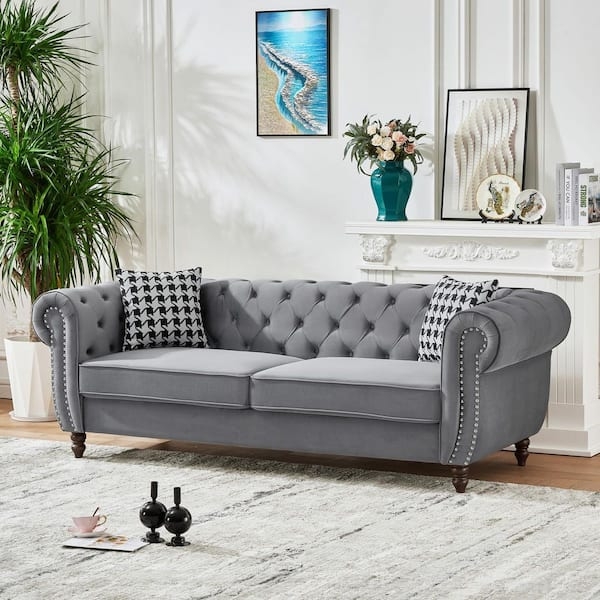 Grey Linen-Like Sofa, Rolled Arms, Tapered Legs, Silver Nailhead Trim