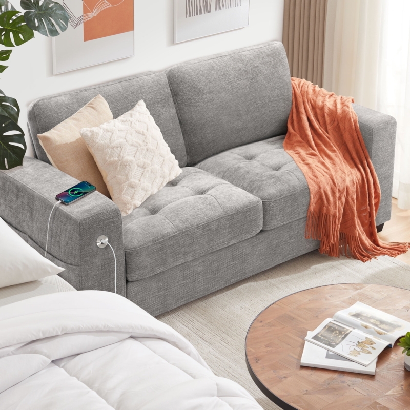Grey Loveseat Sofa with Wide Track Arms and Built-in USB Port