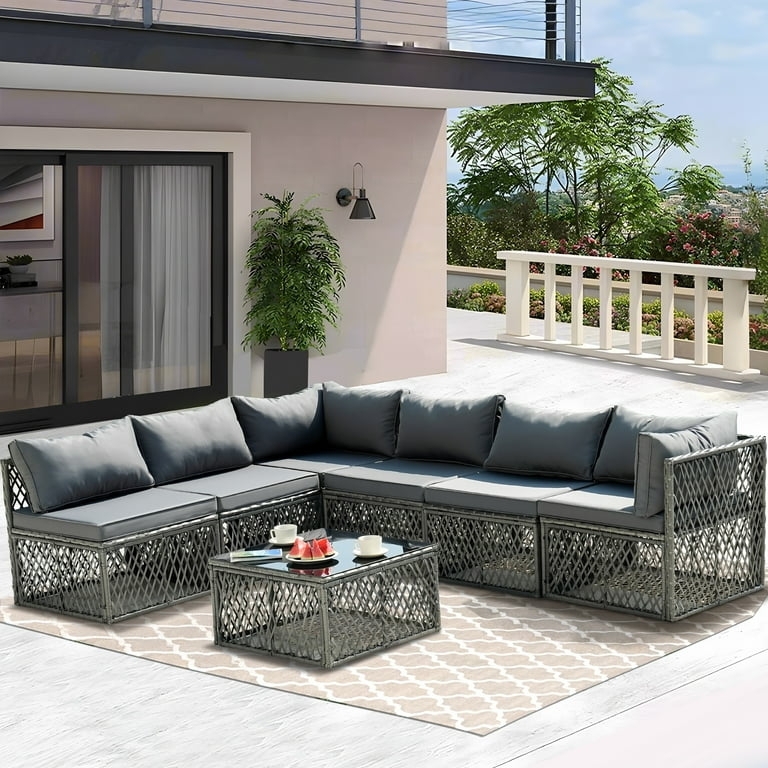Grey Modular PE Rattan Outdoor Sectional Set with Glass Top