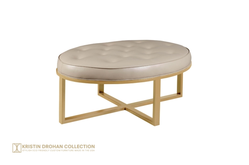 Grey Oval Ottoman Deep Button Tufted with Turned Wood Legs