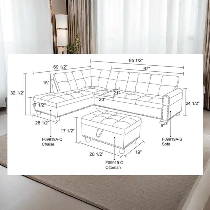 Grey Sectional Sofa with Nailhead Trim & Cup Holder