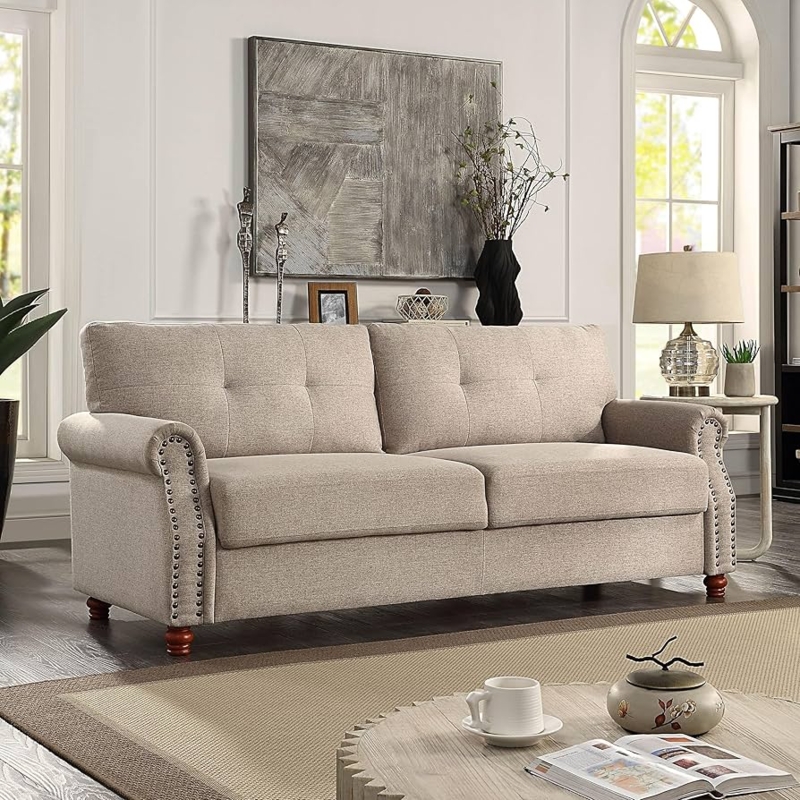 Grey Sofa with Nailhead Trim, Rolled Arms, and Tufted Seat Cushions