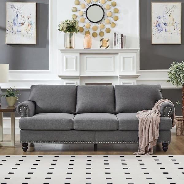 Grey Storage Sofa with Lift-Top Seat, Rolled Arms, Nailhead Trim