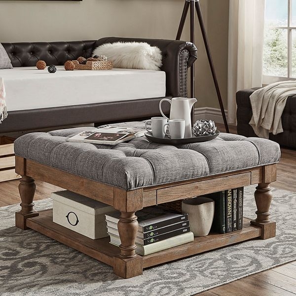 Grey Tufted Coffee Table with Weathered Wood Shelf