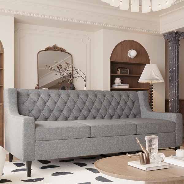 Grey Tufted Sofa Living Room with Tapered Wood Legs & Track Arms