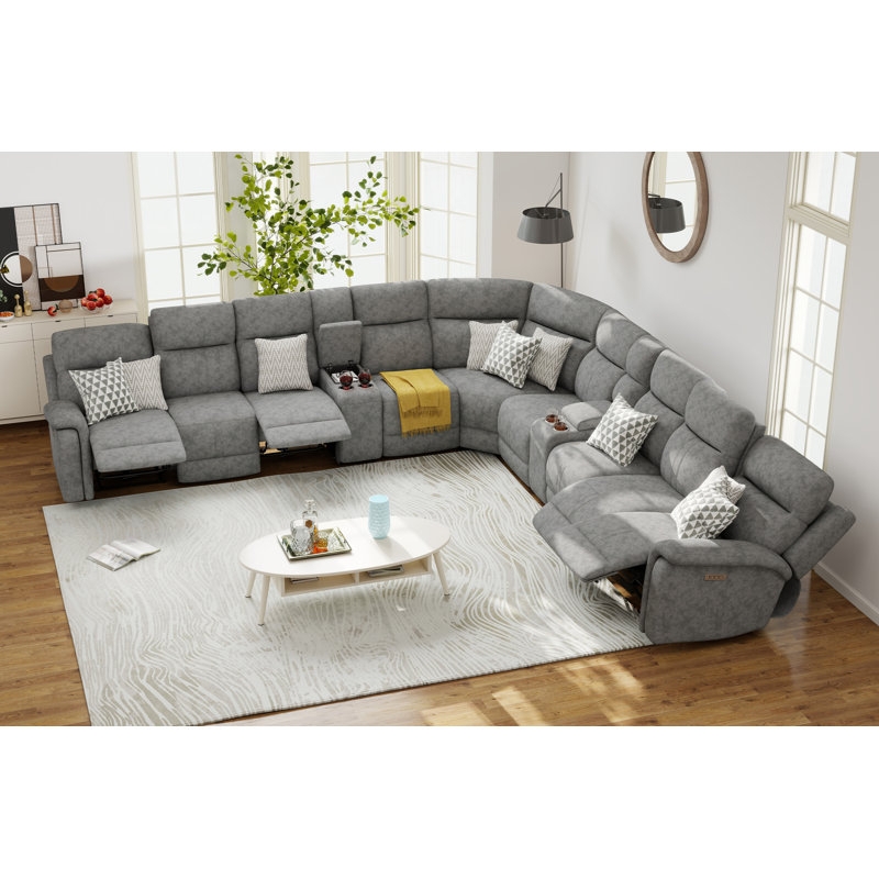 Grey U-Shaped Sectional Sofa Power Reclining Adjustable Headrests Fabric