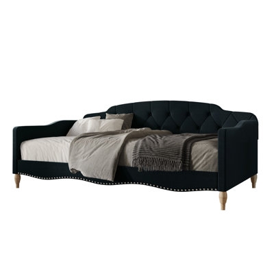 Grey Upholstered Daybed with Trundle, Button Tufted Arms