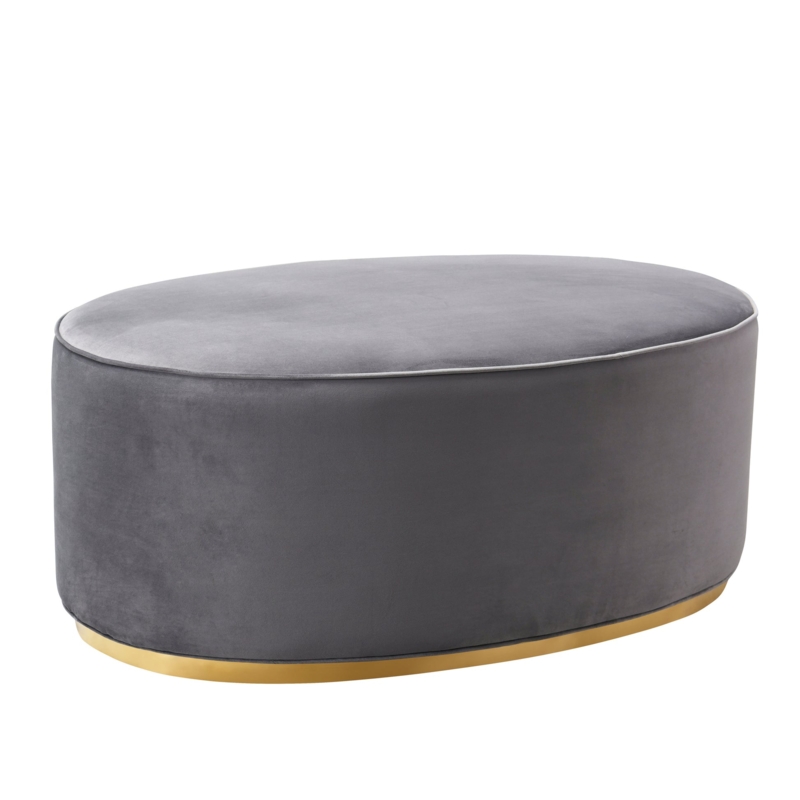 Grey Velvet Oval Ottoman Channel Tufted with Gold Metal Base