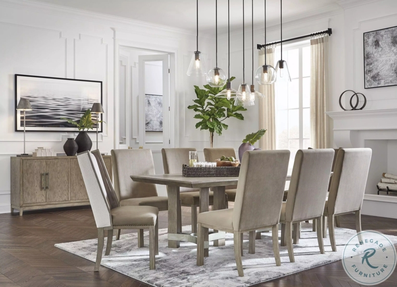 Grey Wood Dining Set with Ladder-Back Chairs and Bench