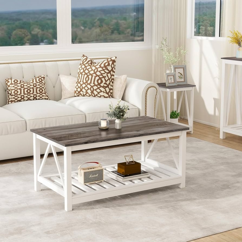 Grey Wood Rectangular Coffee Table V-Shaped Frame Slatted Shelf